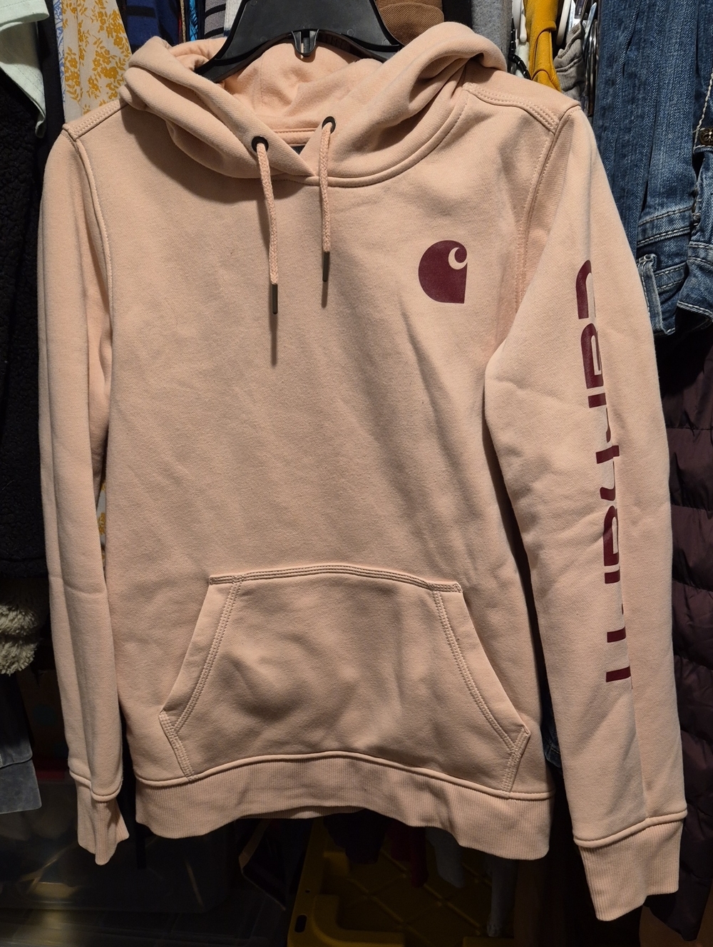 Carhartt Blush Pink Hoodie with Burgundy Logo
